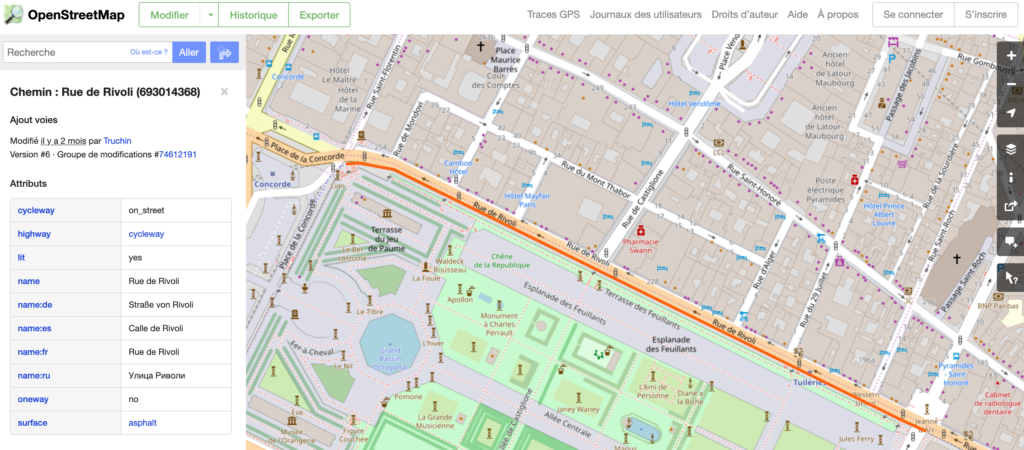 La piste cyclable de la rue de Rivoli, à Paris, vu par OpenStreetMap !